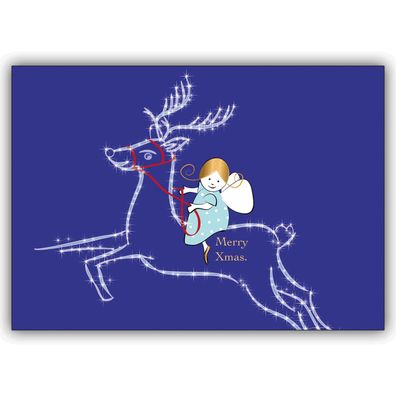 4x Niedliche Weihnachtskarte mit kleinem Engel der auf Sternen Rentier