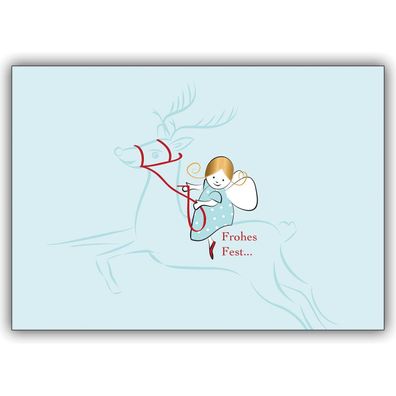 4x Edle Weihnachtskarte mit kleinem Engel auf luftigem Rentier