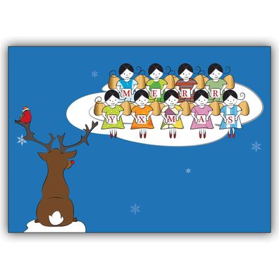 4x Lustige Weihnachtskarte mit Rentier und Engel Chors auf Wolke