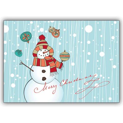 4x Fröhliche Weihnachtskarte mit Schneemann im Schneegestöber