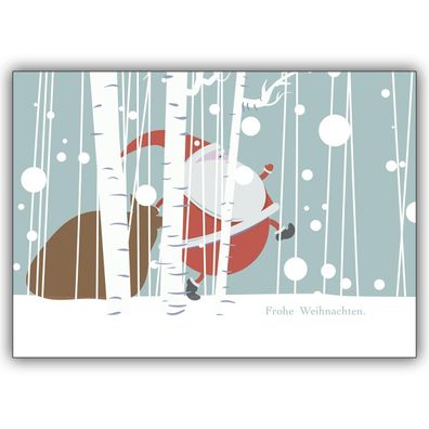 4x Humorvolle Weihnachtskarte mit gehetztem Weihnachtsmann im Schnee