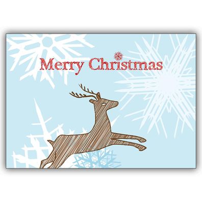 4x Trendy Designer Weihnachtskarte mit Schneeflocken und Hirsch