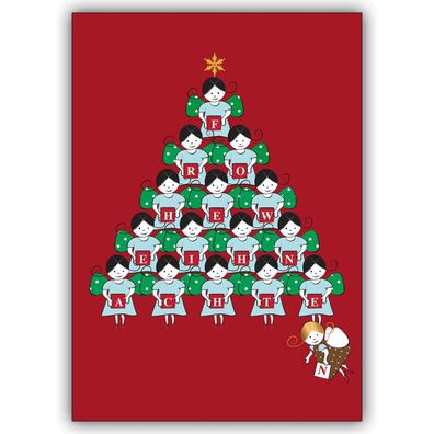 Süße Weihnachtspyramide aus Engeln auf rot als Weihnachtskarte
