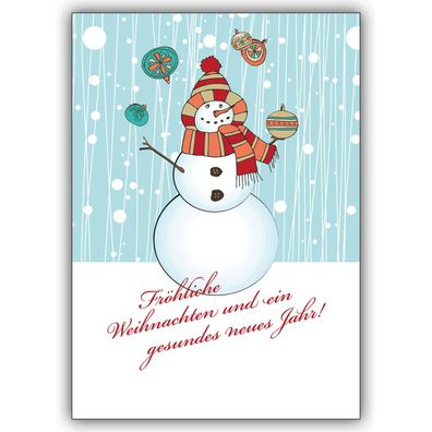 4x Schöne Weihnachtskarte mit jonglierendem Schneemann im Schnee