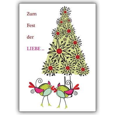 4x Liebevolle Weihnachtskarte mit Vögeln: zum Fest der Liebe