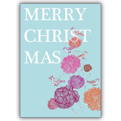 4x Edle Designer Weihnachtskarte Blumen und Vögeln: Merry Christmas