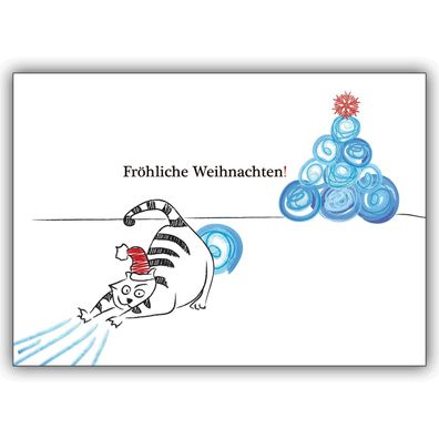 Komische Weihnachtskarte mit Katze und Weihnachtsbaum