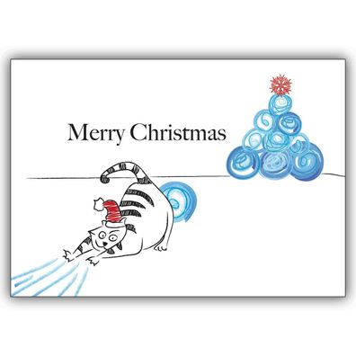 4x Komische Weihnachtskarte mit Katze und Weihnachtsbaum