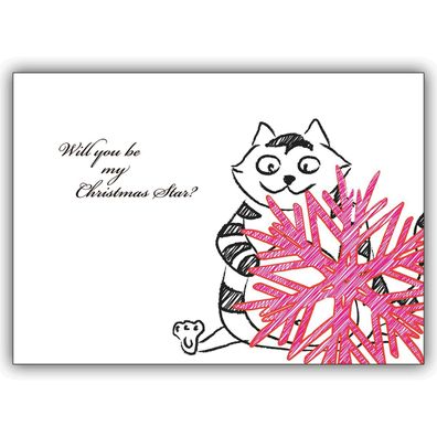 4x Lustige Weihnachtskarte mit Katze und Stern: Will you be...