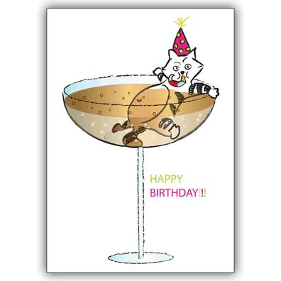 Lustige Geburtstagskarte mit Katze im Champagner Glas