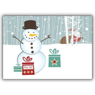 4x Französische Weihnachtskarte mit Schneemann zwischen Geschenken