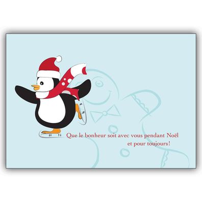 4x Französische Weihnachtskarte mit Schlittschuh laufendem Pinguin