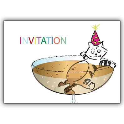 4x Party Einladungskarte mit lustiger Katze im Champagner Bad