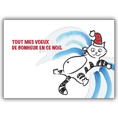 4x Lustige französische Weihnachtskarte mit Katze als Schnee-Engel