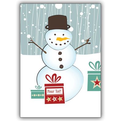 4x Französische Weihnachtskarte mit Schneemann zwischen Geschenken