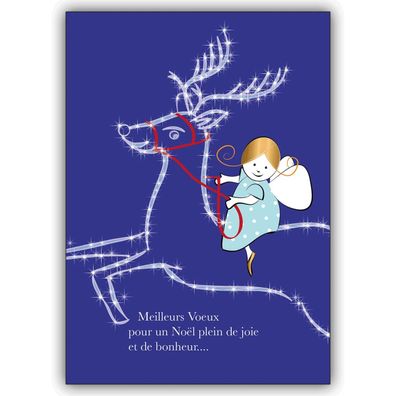 4x Süße französische Weihnachtskarte mit Engel auf Sternen Rentier