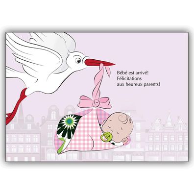 Französische Babykarte (Mädchen) mit Storch und Baby Girl