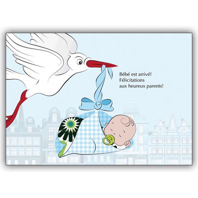 4x Französische Babykarte (Junge) mit Storch und Baby Boy