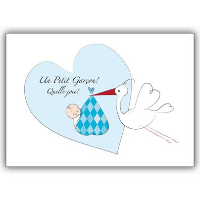 4x Süße französische Babykarte (Junge) mit Storch: Un Petit Garçon!