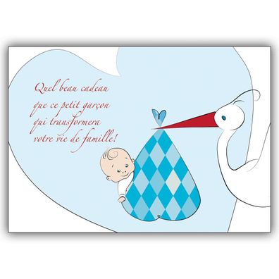 4x Französische Babykarte (Junge), Glückwunsch zur Geburt mit Storch