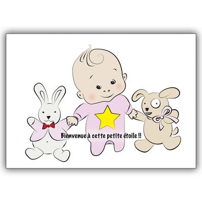 4x Süße französische Babykarte (Mädchen) Baby Girl und Stofftiere