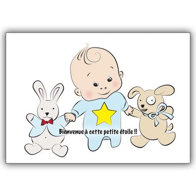 Süße französische Babykarte (Junge) mit Baby Boy und Stofftieren