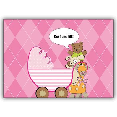 4x Schöne französische Babykarte (Mädchen) mit Kinderwagen, rosa