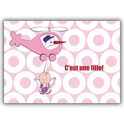 4x Niedliche französische Designer Babykarte (Mädchen) mit Helikopter, rosa
