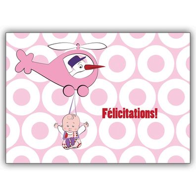 4x Hübsche französische Designer Babykarte (Mädchen) mit Helikopter, rosa