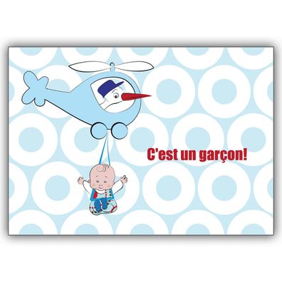 Schöne französische Designer Babykarte (Junge) mit Helikopter, blau