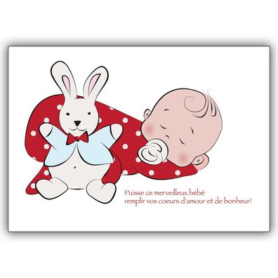 4x französische Babykarte mit schlafendem Baby und Stoffhasen