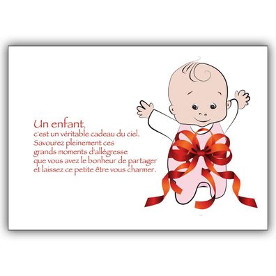 süße Babykarte, französisch, mit Baby Girl in Geschenkschleife: Un enfant, ...