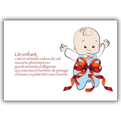 4x Niedliche Babykarte, französisch, mit Baby Boy in Geschenkschleife: Un enfant, .