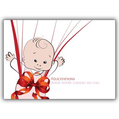 4x Süße französische Babykarte mit Baby Girl in Geschenk Schleife: Félicitations ..