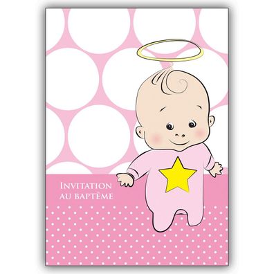 4x Süße rosa französische Einladungskarte zur Taufe mit Stern und Heiligenschein