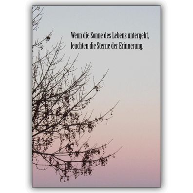 Beistehende Trauerkarte mit Spruch: Wenn die Sonne des Lebens untergeht...