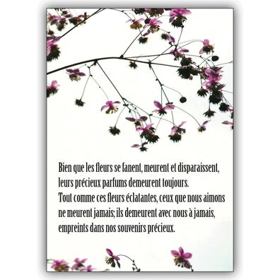 Französische Trauerkarte mit Blüten: Bien que les fleurs se fanent
