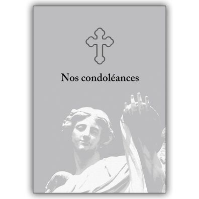 4x Französische Kondolenzkarte mit Engel und Kreuz: Nos condoléances