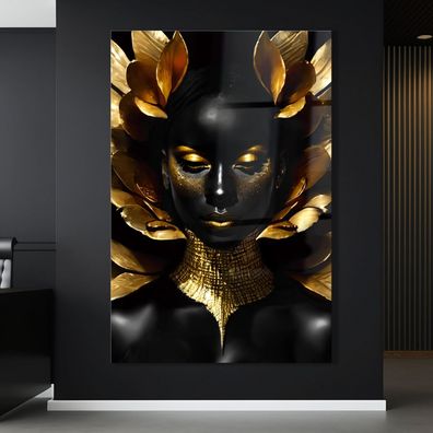 Wandbild Schwarz Gold Frau Leinwand , Acrylglas + Aluminium , Poster Wandbild , deko