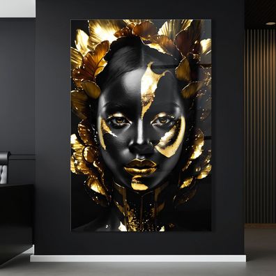 Wandbild deko Schwarz Gold Frau Leinwand , Acrylglas + Aluminium , Poster