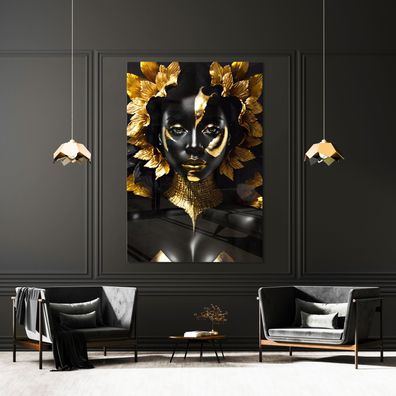 Modern Wandbild deko Schwarz Gold Frau Leinwand , Acrylglas + Aluminium , Poster