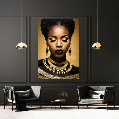 Modern Wandbild deko Schwarz Gold Frau Poster , Acrylglas + Aluminium , Leinwand