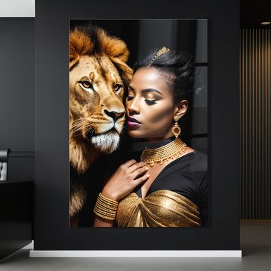 Modern Wandbild Tier Löwen und Frau , Mode Acrylglas + Aluminium , Leinwand , Poster