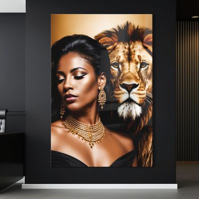 Wandbild Tier Löwen und Frau , Mode Acrylglas + Aluminium , Leinwand , Poster Modern