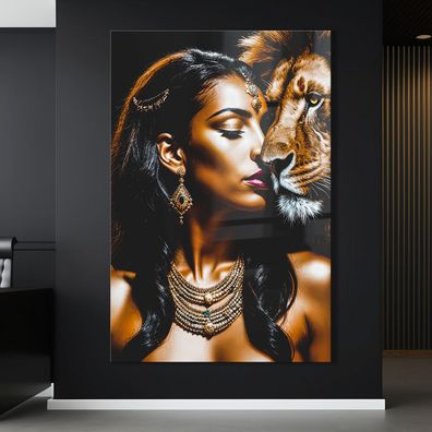 Mode Wandbild Tier Löwen und Frau , Acrylglas + Aluminium , Leinwand , Poster