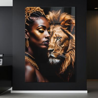 Modern Wandbild Tier Löwen und Frau , Acrylglas + Aluminium , Leinwand , Poster