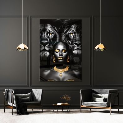 Wandbild Tier Löwen und Schwarz Frau , Acrylglas + Aluminium , Leinwand , Poster