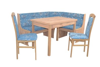 Truheneckbankgruppe Eiche/ Blumen Stoff blau Essgruppe Tischgruppe Auszugtisch