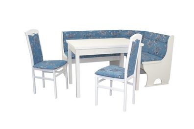 Truheneckbankgruppe weiß / Blumen Stoff blau Essgruppe Tischgruppe Auszugtisch