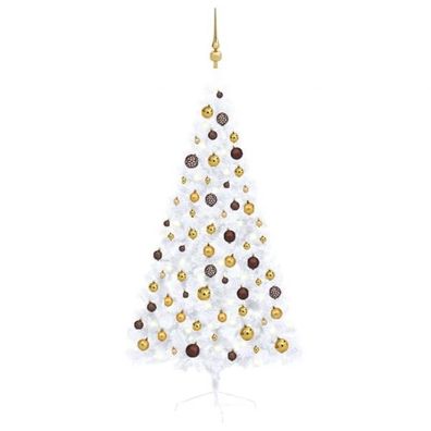 Künstlicher Halber Weihnachtsbaum mit LEDs & Kugeln Weiß 150 cm
